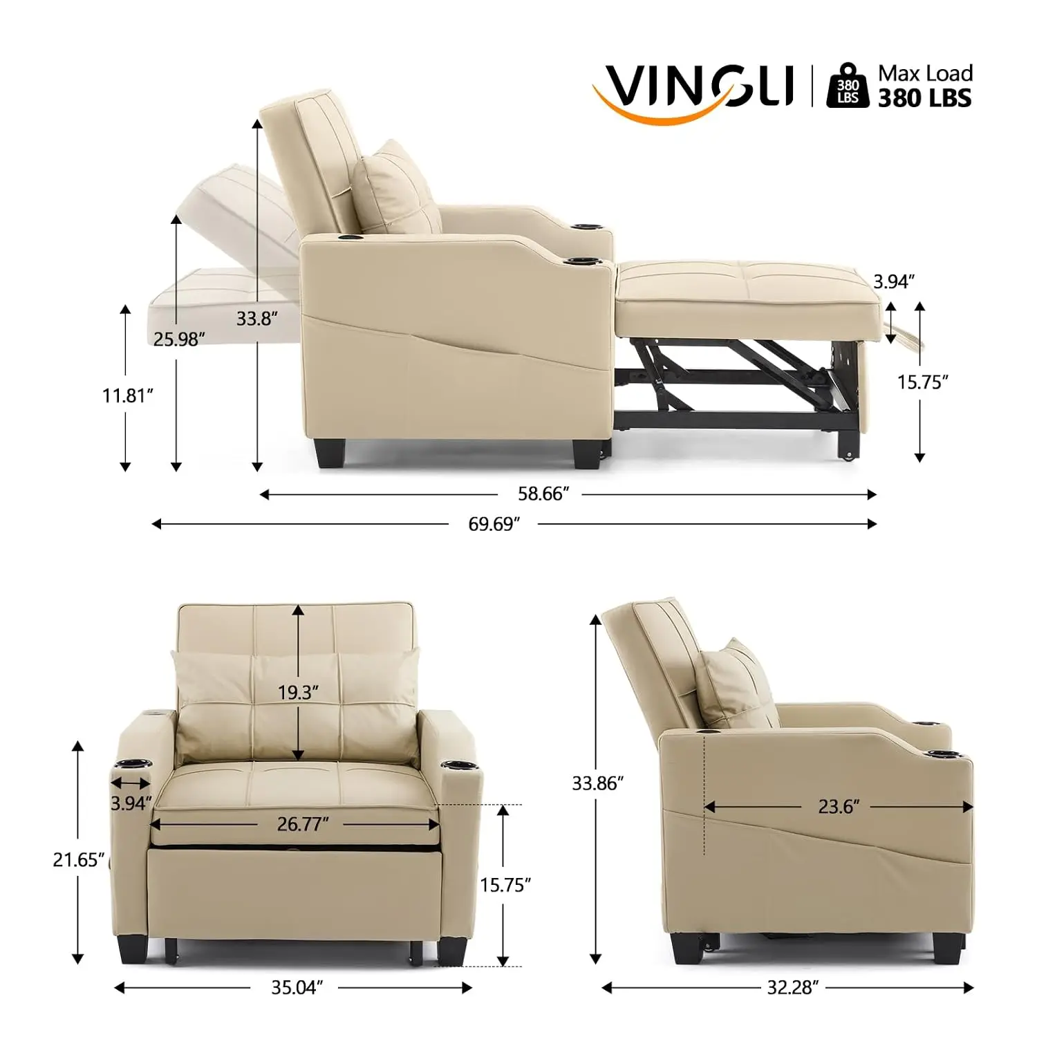 Convertible Sleeper Chair Bed, Pull Out Sofa for Living Room, Customized