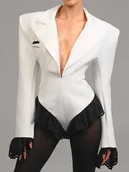 BKQU Deep V Sexy Lace Jumpsuit Blazer For Women 2025 Spring Elegant Contrast Color Long Sleeve Chic Bodysuit Female Party Wear