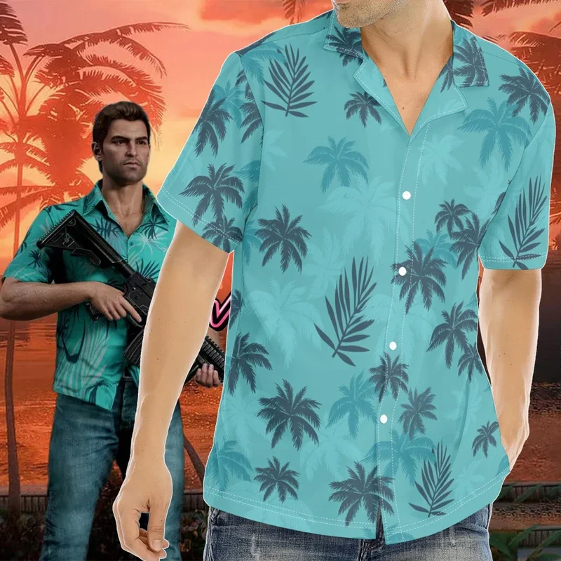 Vice City Tommy Cosplay masculino, uniforme de camisa do jogo GTA, camiseta azul, estilo havaiano, festa de carnaval de Halloween, vestido