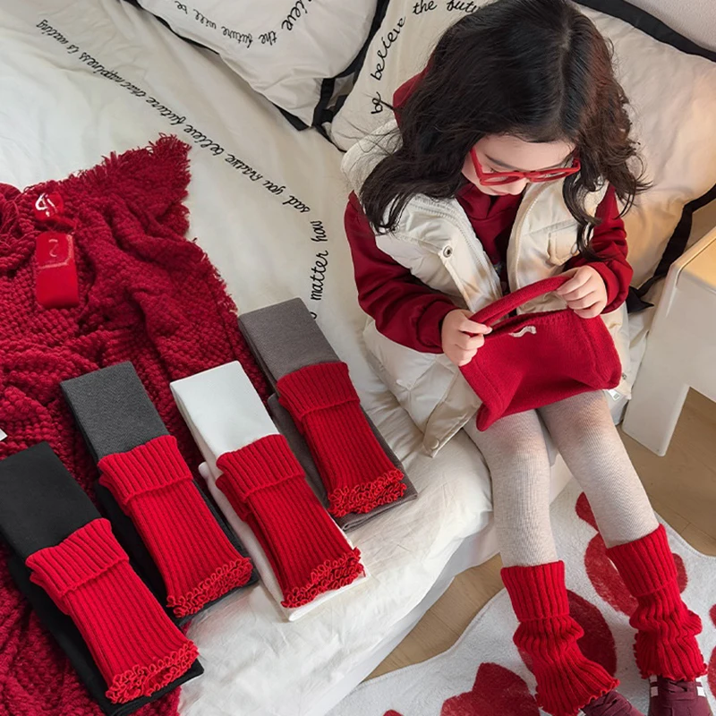 

Girl Clothes Autumn Winter Christmas Fleece Lined Leggings Red Sock - Cuff Spliced Warm & Versatile for 3-12Y Girls