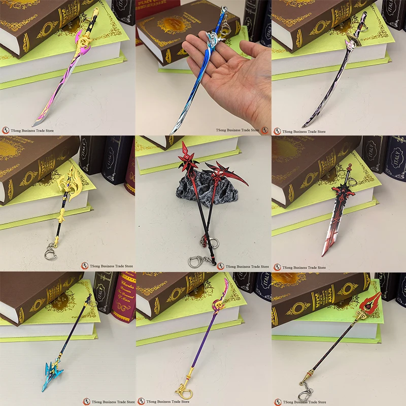 Image of Genshin Impact Spiel-Zubehör Cosplay Replik Miniatur Metallmodell Anime Merchandise Schlüsselanhänger Stabwaffe Schwert Claymore Speer