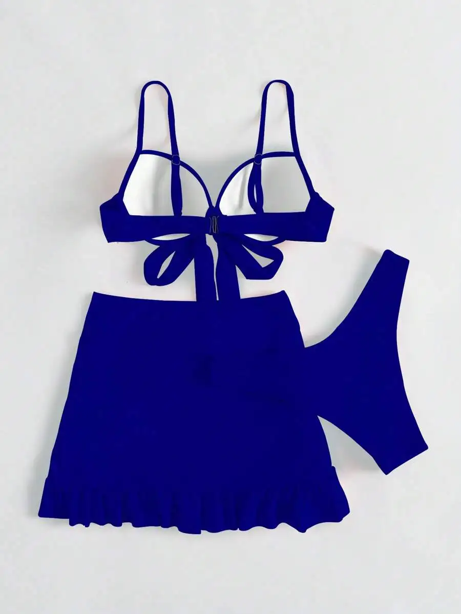 

Solid Blue 3 Piece Swimsuit Set Knot Front Push Up Top High Cut Bottom Ruffled Skirt