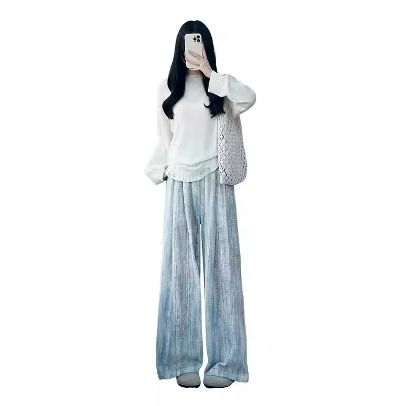Blue Tie-dye Hollow-out Wide-leg Pants for Women Summer Thin Style 2026 New Casual Pants Suitable for Petite Women High Wais