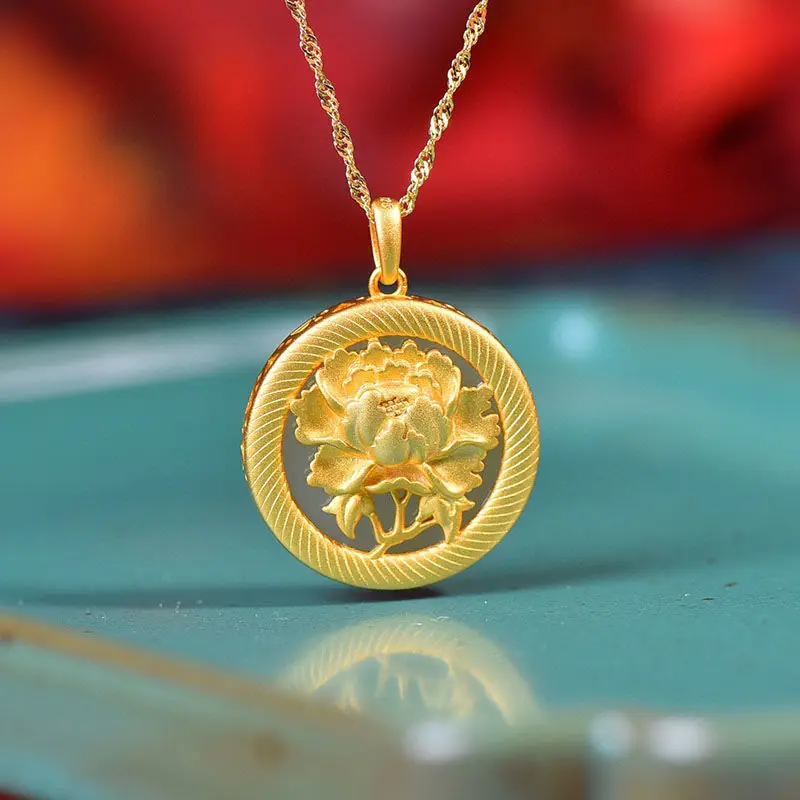 

Ancient gold craft inlaid rich flowers natural Hetian jade peony necklace pendant Chinese style classical ladies jewelry