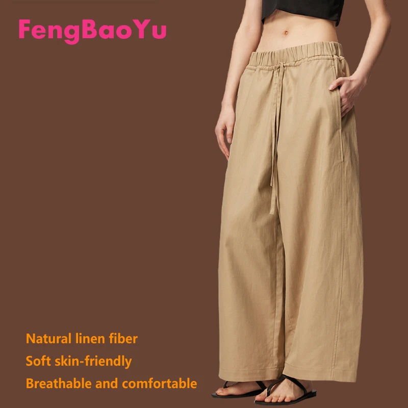 High-end Linen Women Nine-point Wide-leg Pants Khaki Color Band Foot Pants Loose Plus Size 3XL Casual Fashion Clothing Fat Girls