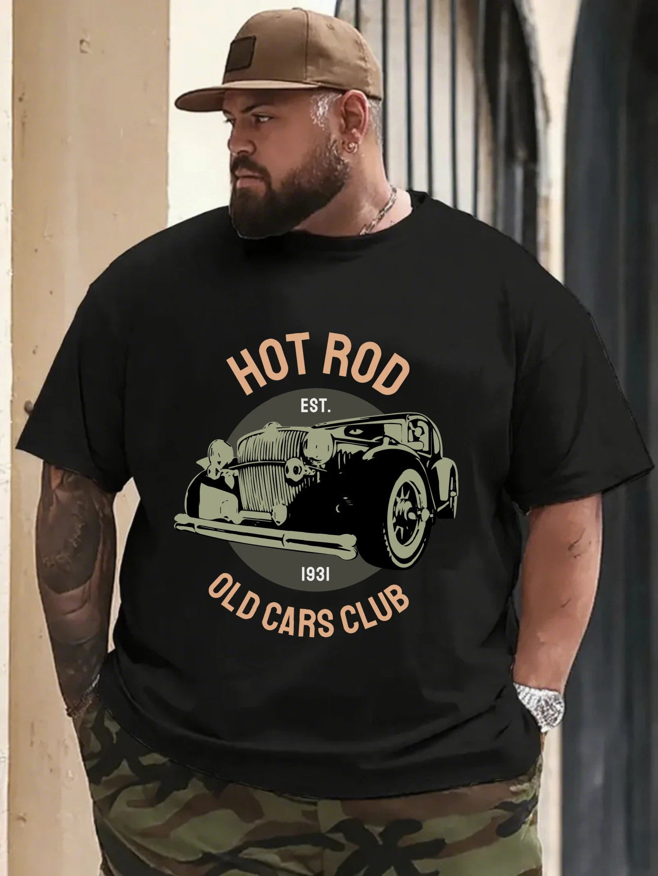 

Retro Classic Auto Logo Graphic T-Shirt for Men, Muscle Car Style Short Sleeve Tee, Vintage Car Print Tops