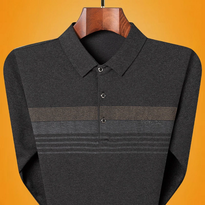 Men's Middle Aged Striped Fleece Lined Long Sleeve Polo Shirt Warm Casual Daily Base Top