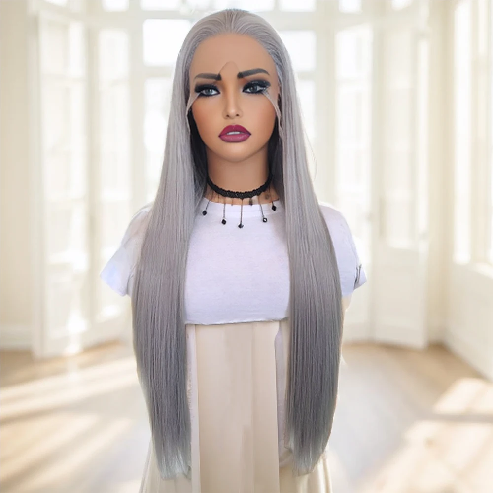 Silver Grey Straight Synthetic Hair for Women Makeup Use Natural Straight Grey Hair Heat Resistant Lace Front Wigs