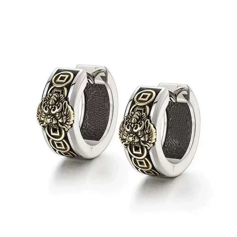 Retro Wealth Attraction Pixiu Earrings Men's Trendy Personality Coldness Style Ear Buckle Thai Silver Earrings Creative Jewelry