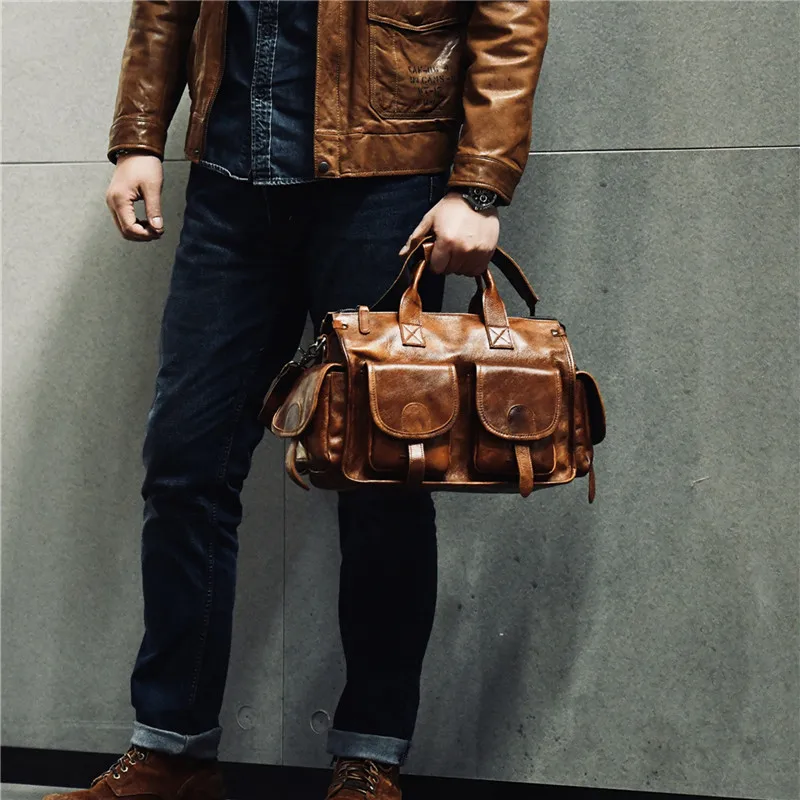 PNDME business vintage high quality genuine leather men's briefcase work handbag cow leather multi pocket computer messenger bag