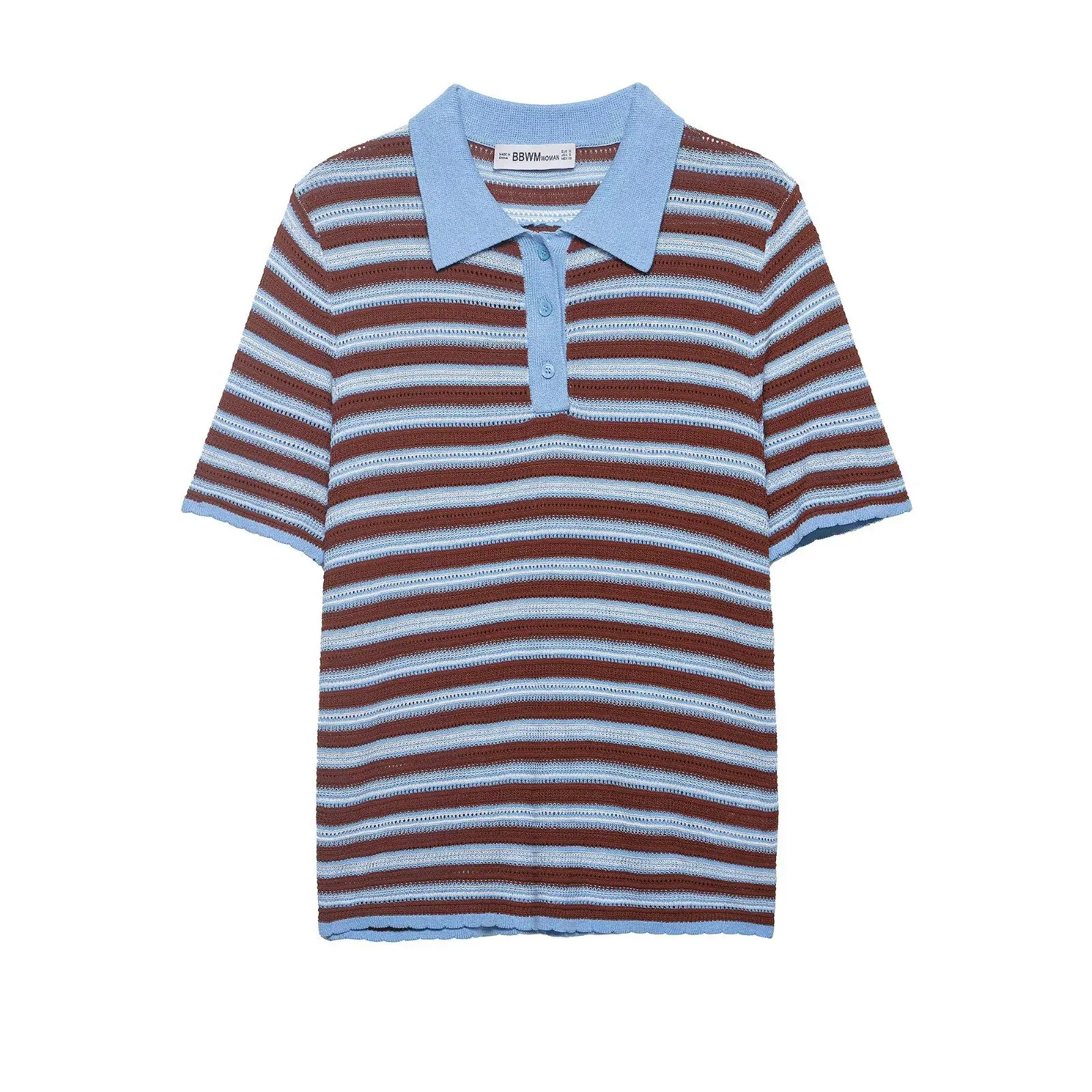 Fashion Casual Striped Knit Polo Shirt Striped Knit Shirt For Women Blue Brown Short Sleeve Hollow Out Casual Summer Top UEZ7