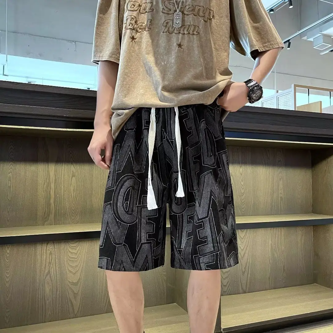 Summer Shorts Men Chic Loose Wide Leg Knee Length Hiphop Letter Print Casual Drawstring Elastic Waist Pocket Sweatpants