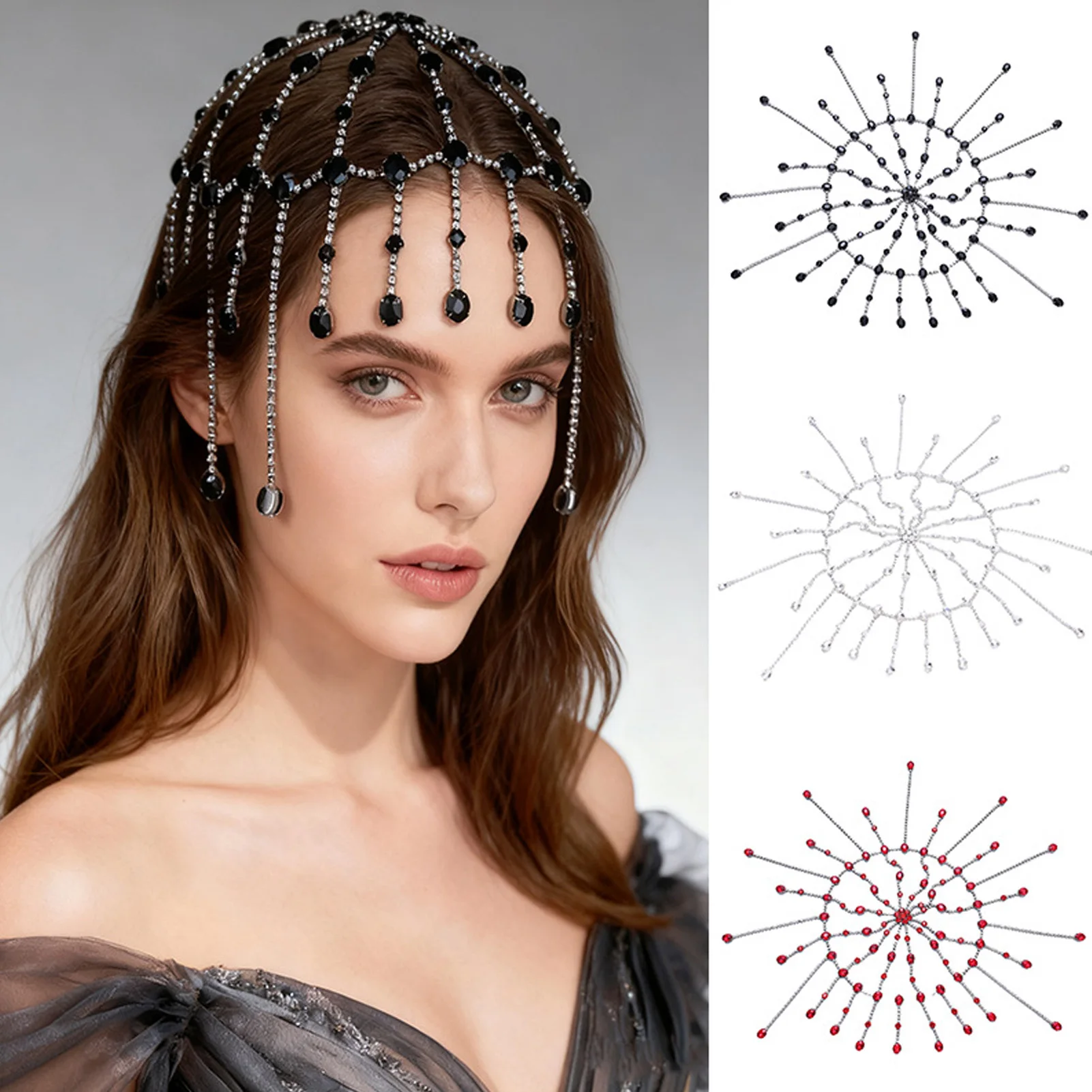 

Luxury Fashion Red Color Rhinestone Tassel Headwear Women Bride Wedding Party Headband Hair Accessories Hair Chain Gifts