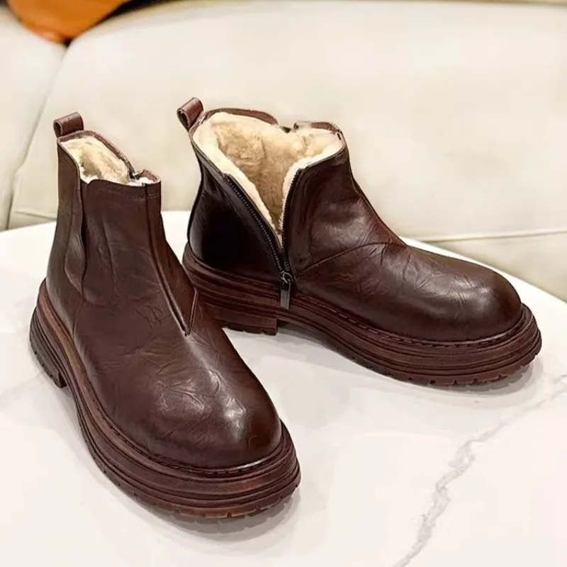 

British Style Genuine Leather Chelsea Boots Men's Winter Wool Snow Boots Youth Casual Round Toe Cowhide Outdoor Ankle Boots