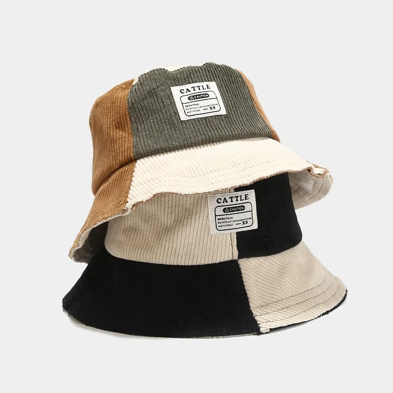 Autumn Winter Retro Corduroy Bucket Hat New Fashion Stitching Color Fisherman Caps Beach Hats For Woman Unisex Panama Hat