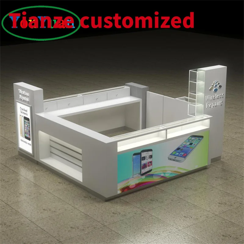 

(customized)Wooden Kiosk design Mobile Phone And Accessories Store Glass Display Showcase With Led Lights Showcase Furniture