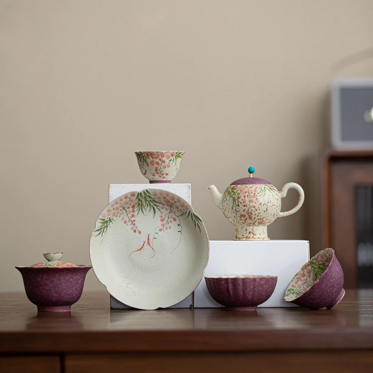 Caramel Glaze Hand-painted Pink Plum Cover Bowl Teapot Teacup Cover Bowl Collection Ceramic Kung Fu TeaSet Underglaze Master Cup