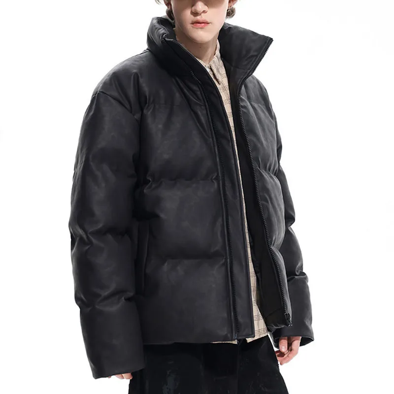 Men Solid Color Hooded Parkas Thicken Warm Winter Cotton Padded Coats Casual Loose Jackets Male Stand Collar Zipper Outerwear