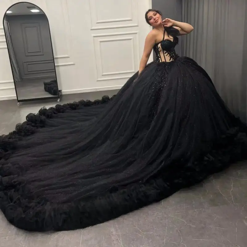 Customized Shining Black One Shoulder Quinceanera Dress for Girl Illusion Glitter Bow Court Train Robe Quinceanera Rouge