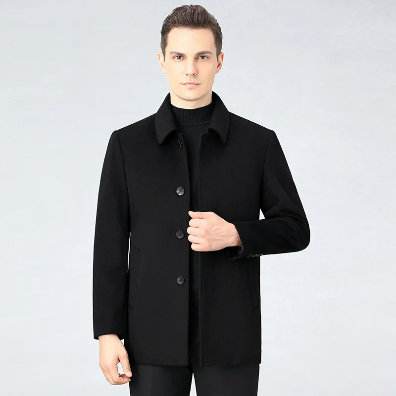 

Men Woolen Overcoat Simple Design Medium-length Windbreaker For Autumn Winter New Men Business Casual Solid Color Woolen Jacket