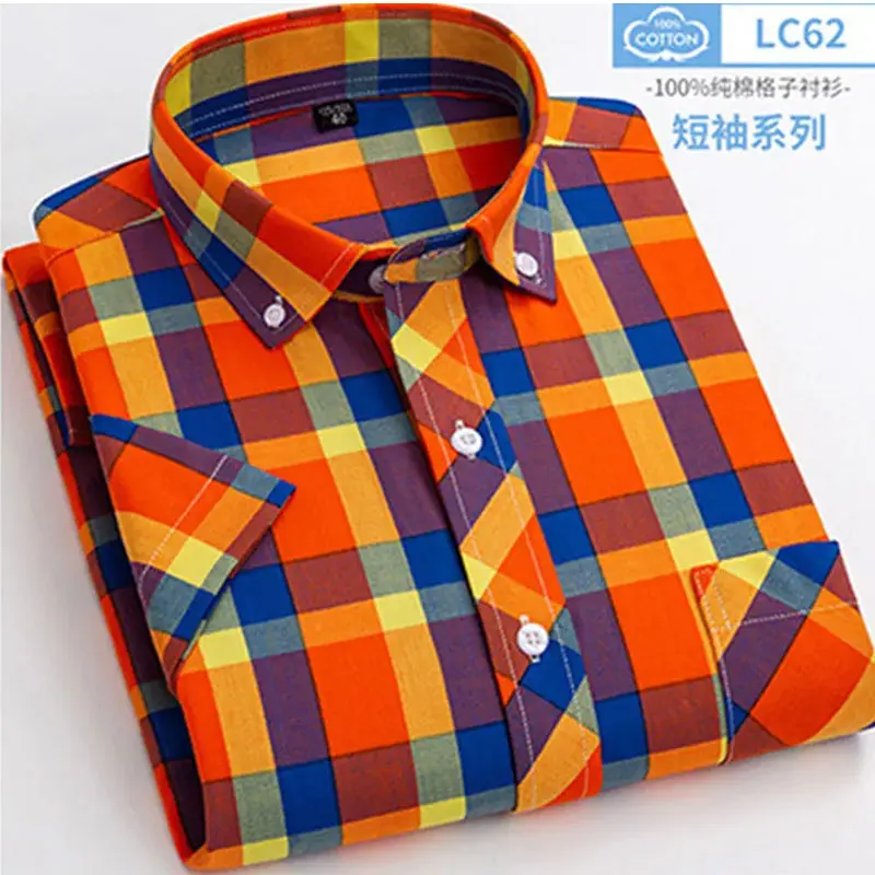 100% cotton 6XL short-sleeved men\'s shirt Spring and summer long-sleeved thin casual high-quality plaid free perm breathable