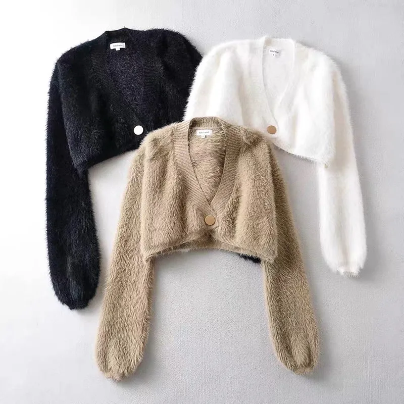 Ladies Knitted Velvet Sweater Coat New Big Button Mohair V-neck Cardigan Autumn Velvet Slim Long Sleeve High Waist Cropped Top