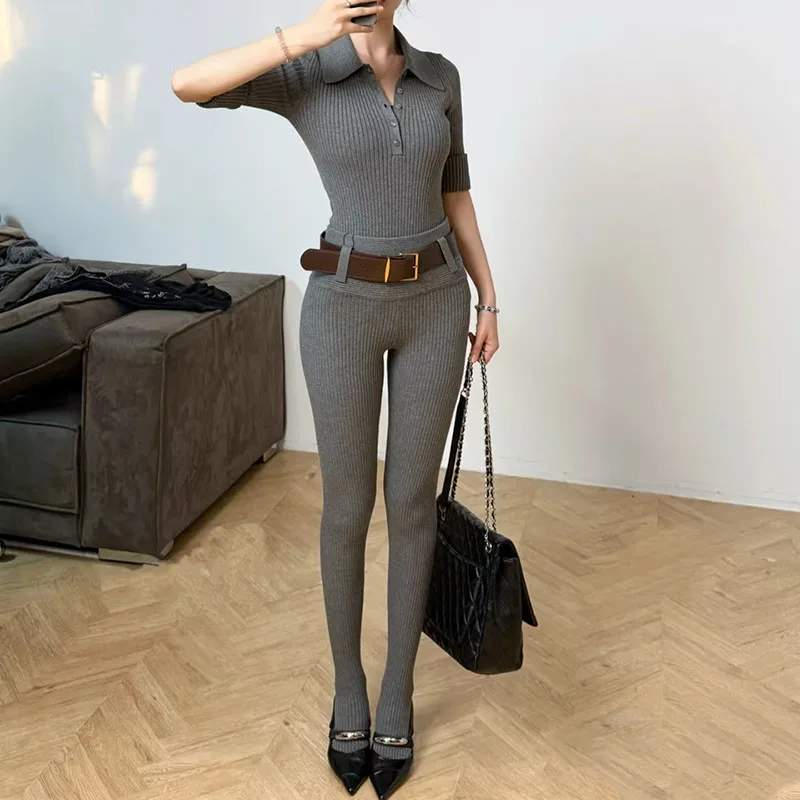 

Retro spicy girl style lapel knitted jumpsuit, fashionable and versatile, slimming mid-sleeved tight-fitting top