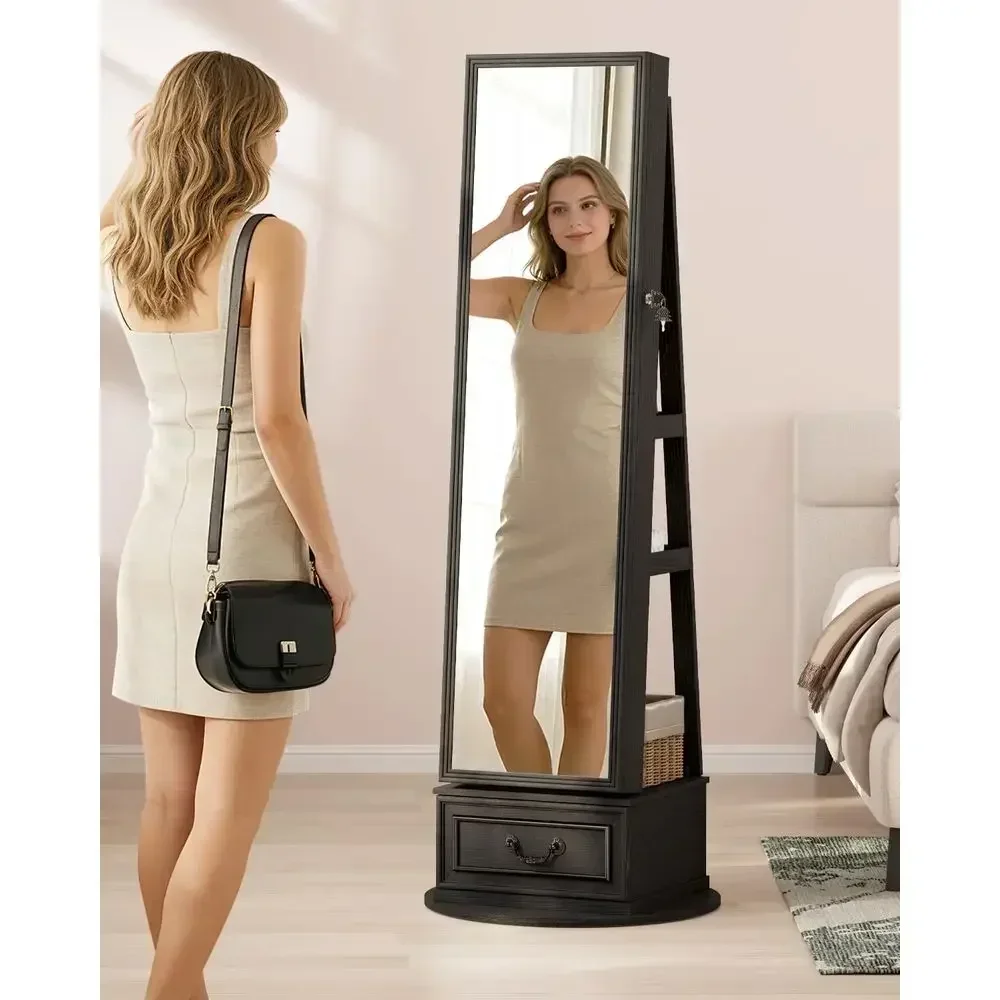 360° Swiveling Lockable Jewelry Armoire with Full-Length Mirror, LED Lights, and Adjustable Makeup Shelf in Black