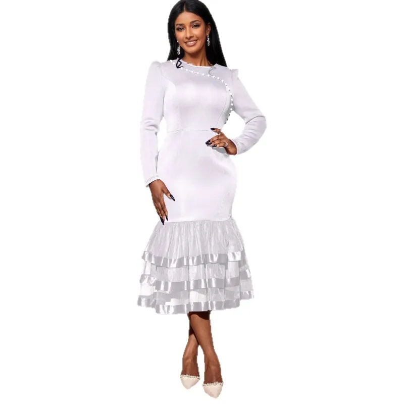 S-4XL Plus Size African Party Evening Dresses for Women Autumn White Long Sleeve Midi Dress Dashiki Africa Clothing Outfits