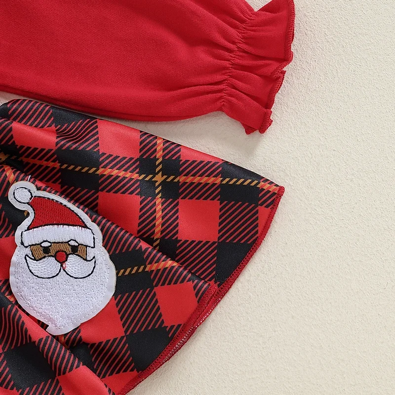 Chrismtas Newborn Baby Girls Rompers Clothes Red Plaid Santa Claus Print Long Sleeve Bowknot Patchwork Jumpsuits Headband image 5