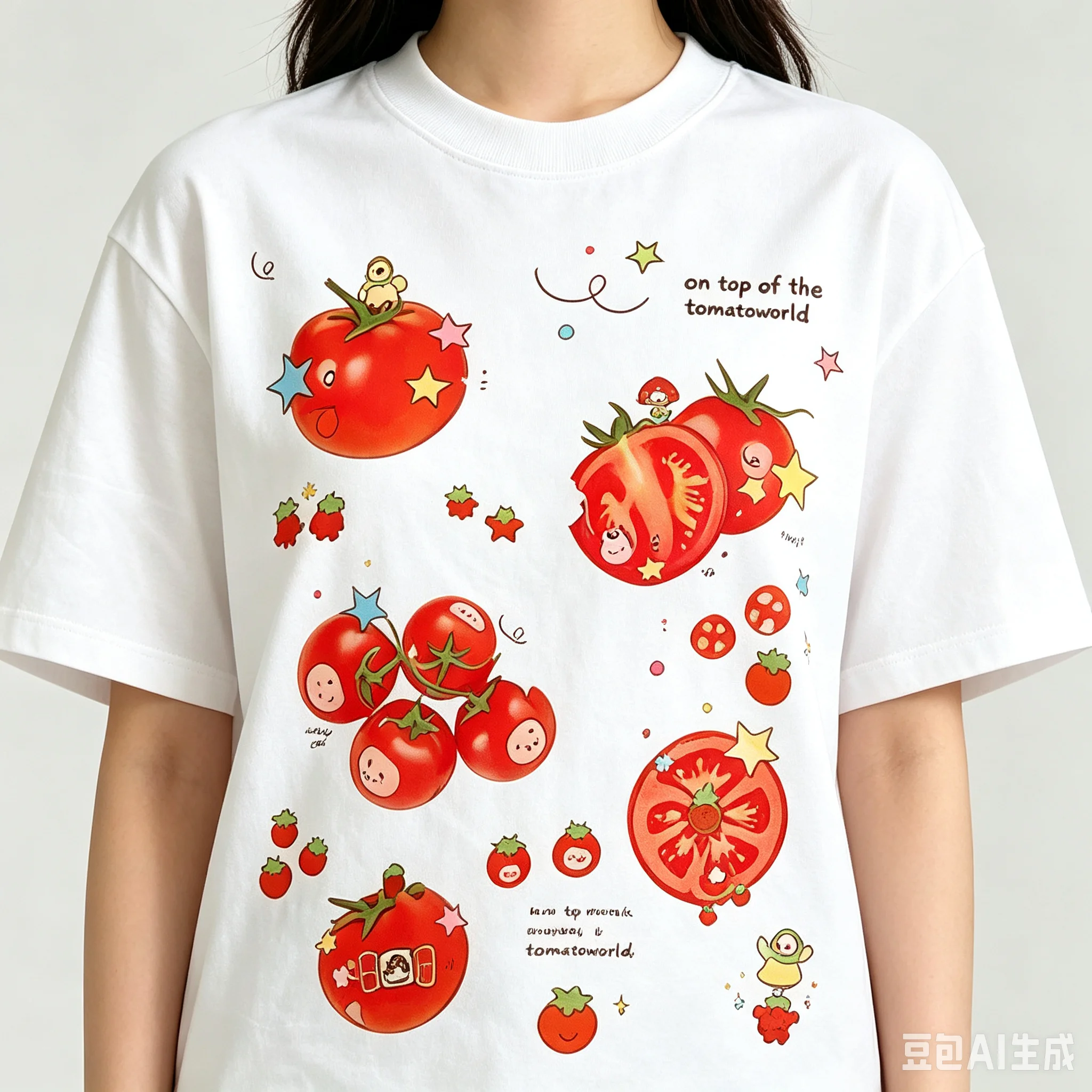 Sweet Y2K Oversized Tee Hand Drawn Tomato Doodle Print Star Slogan Soft Washed Cotton Unisex Loose Fruit Graphic White T Shirt