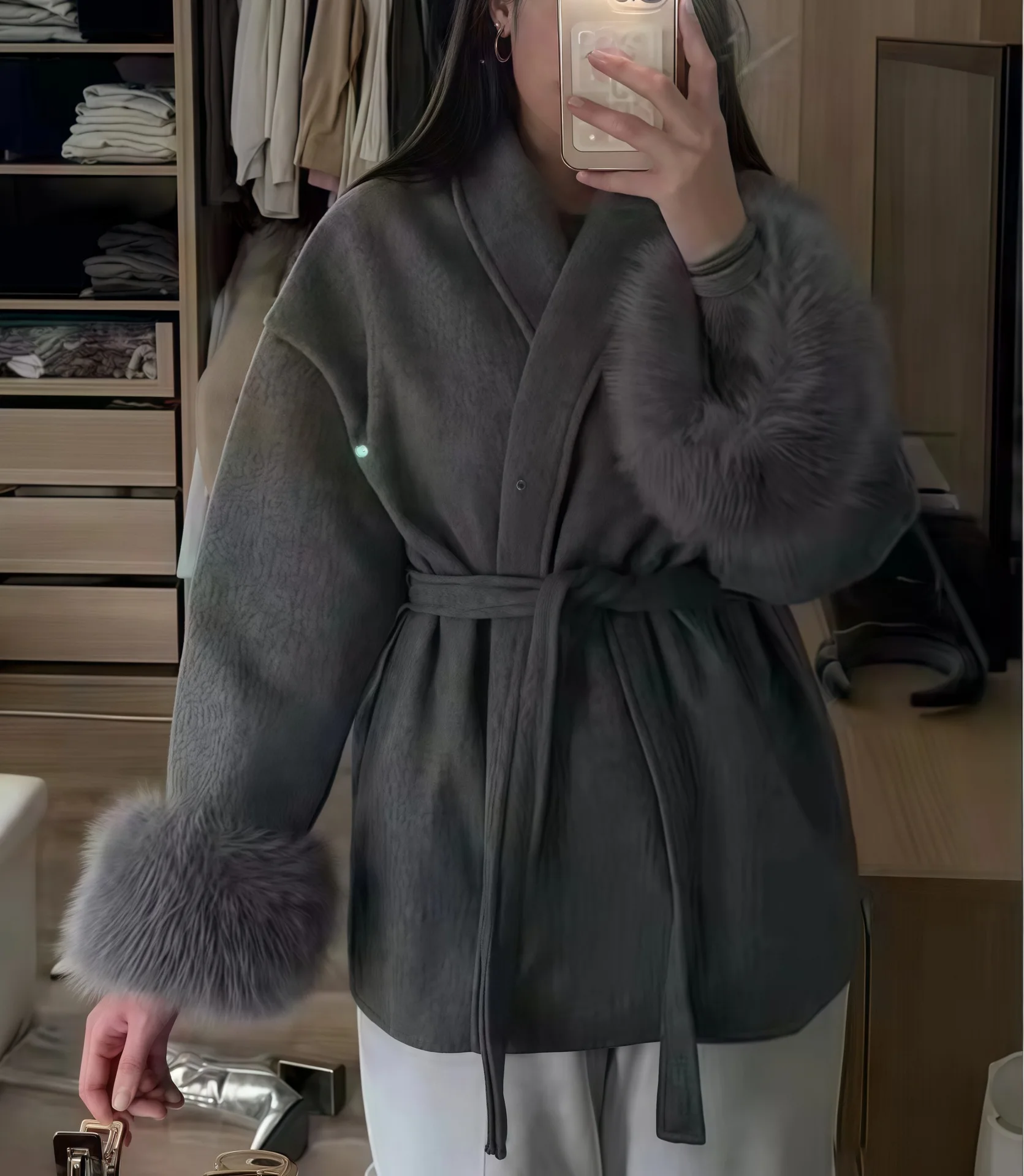 

Elegant Strappy Coat For Women Solid Color Loose Soft Lapel Long Sleeve Short Jacket Autumn And Winter Women's Cardigan Coat