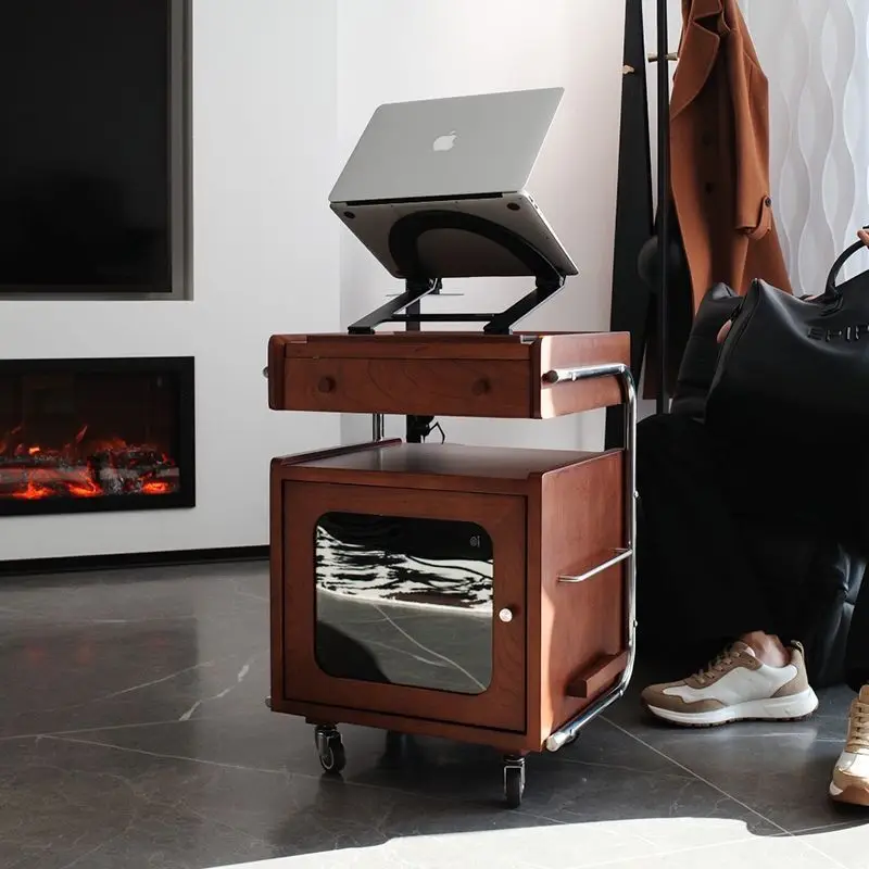 Side cabinet, solid wood medium and ancient style trolley, bedside storage cabinet, retro movable sofa side robot