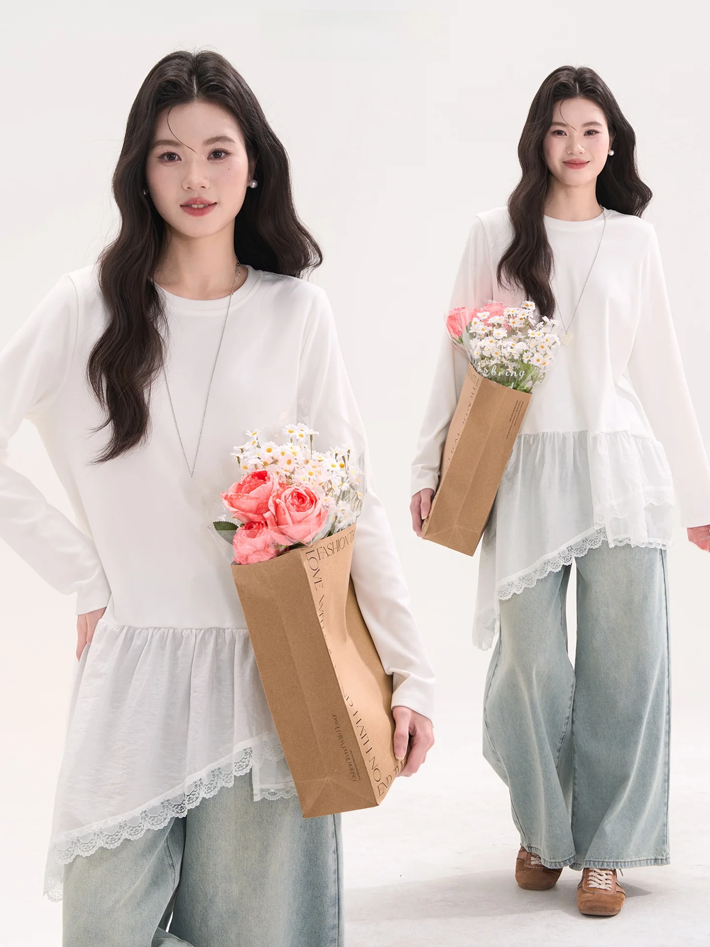 

Женская футболка Good Night Melody с длинным рукавом, круглым вырезом, белым асимметричным кружевным подолом, из эластичного полиэстера