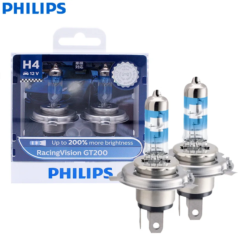 

Автомобильная галогенная фара Philips RacingVision GT200 H4 +, 200% ярче, 10000 в, 60/55 Вт, лампы дальнего и ближнего света ECE 12342RGTS2, пара