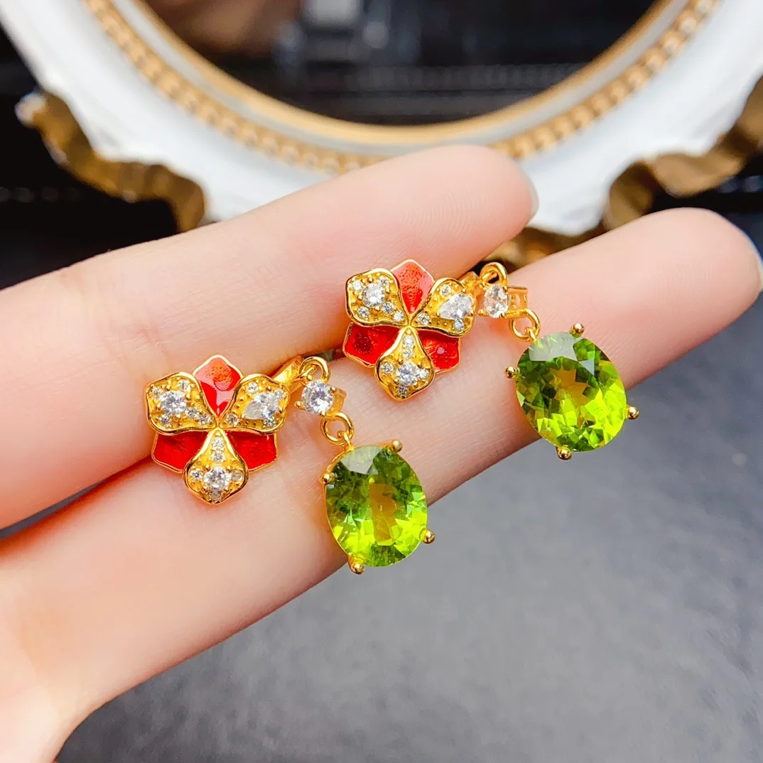 Natural Oval Peridot Drop Earrings 8\*10mm Main Stone Enamel Four Leaf Clover Gold Plated S925 Silver Women Ear Jewelry