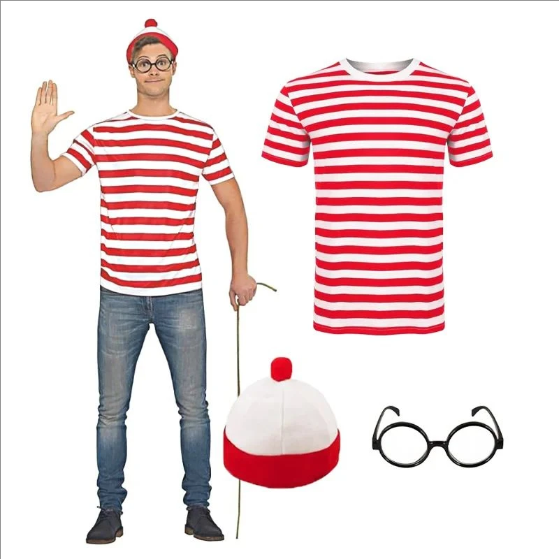 Wheres Waldo Striped Shirt Youth Kids Boys Wally Costume Shirt Glasses and Hat Socks Unisex Adults Halloween Cosplay Costume