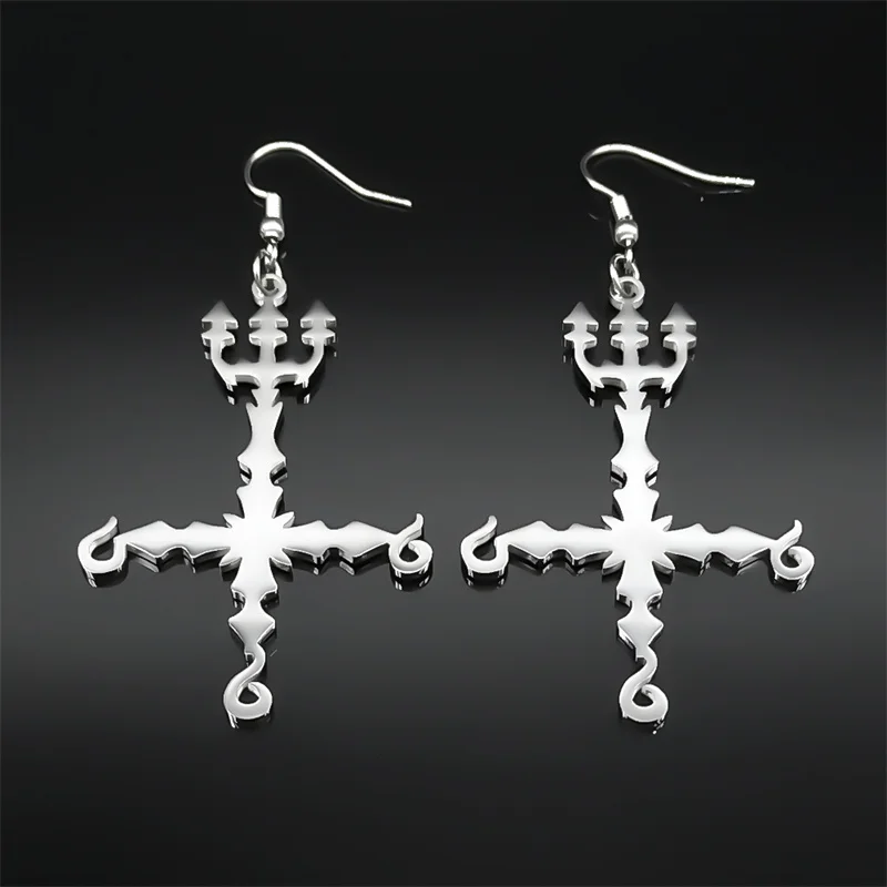 Heavy Metal 666 Music Band Drop Earrings Stainless Steel Black Color Sigil Church of Satan Fork Cross Dangle Earring Biżuteria