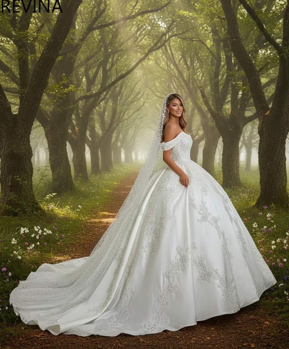 

Luxury Ball Gown Wedding Dress Off Shoulder Sweetheart Lace Appliques Beading Embroidery Cathedral Train Bridal Gown Customized