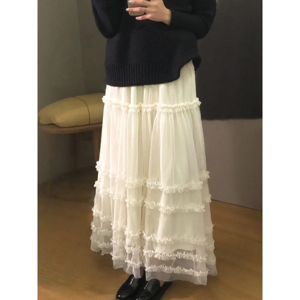 French Woolen Plus Velvet Mesh Lace Layers Tierred Cake Skirt Women'S 2026 Autumn Winter High Waist  A-Line Skirt Fairy Sweet