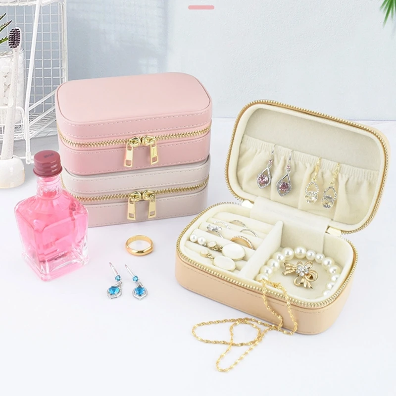 Y4QE – boîte à bijoux Portable, étui rangement léger en cuir PU pour bagues, boucles d'oreilles, colliers