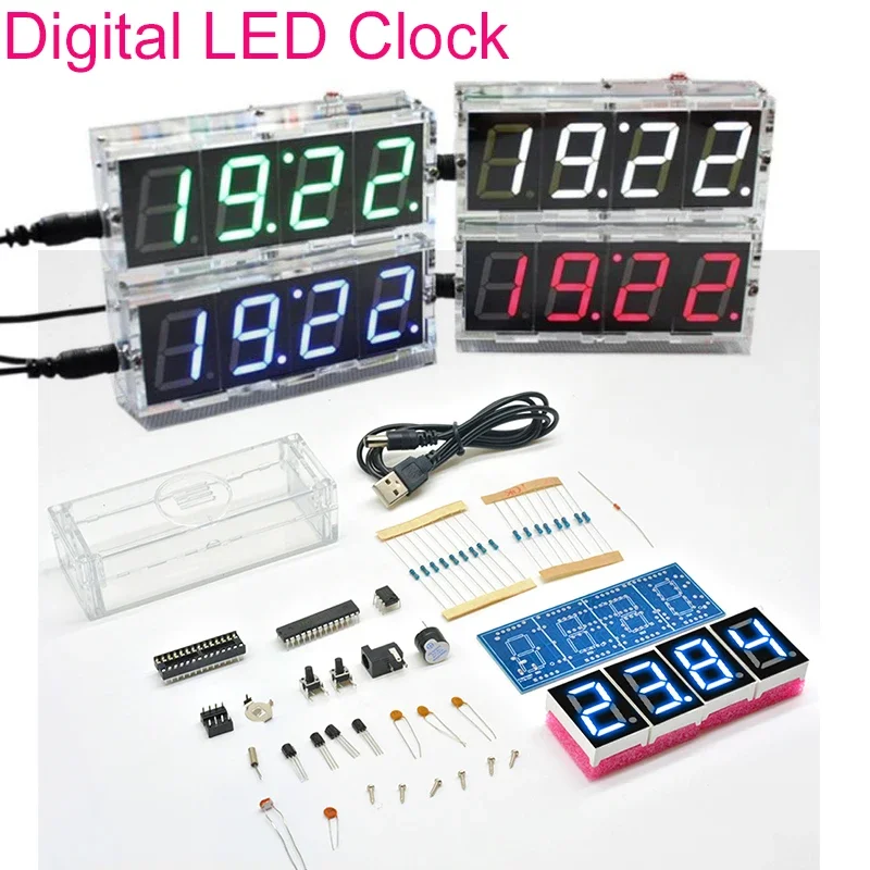 DIY Electronic Kit Clock LED Microcontroller Kit Digital Clock Time Light/Voice Control Temperature Thermometer Red/Blue/Gr/Whi