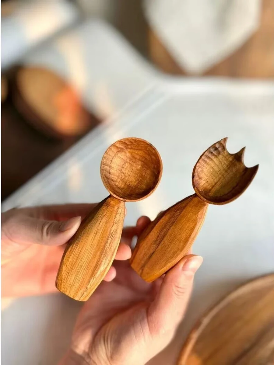 Handmade Teak Wood Spoon And Fork Cute Short Round Head Tableware Fat Handle Kids Mini Cutlery Natural Wooden Baby Utensils