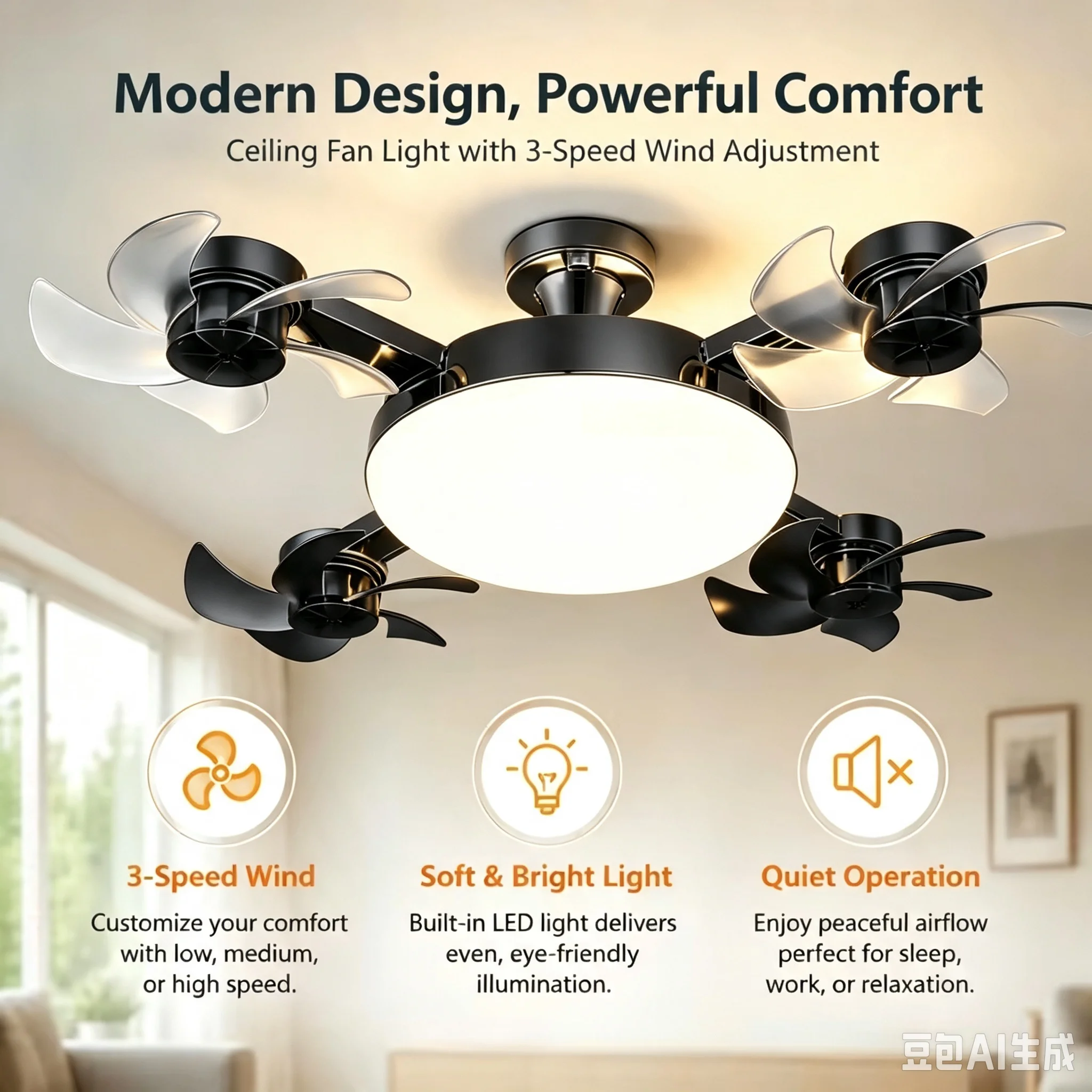 3/4/5 Heads Drone Style E27 Ceiling Fan Light 3 Color Dimming Silent LED Fan Lamp With Remote Control For Bedroom Living Room