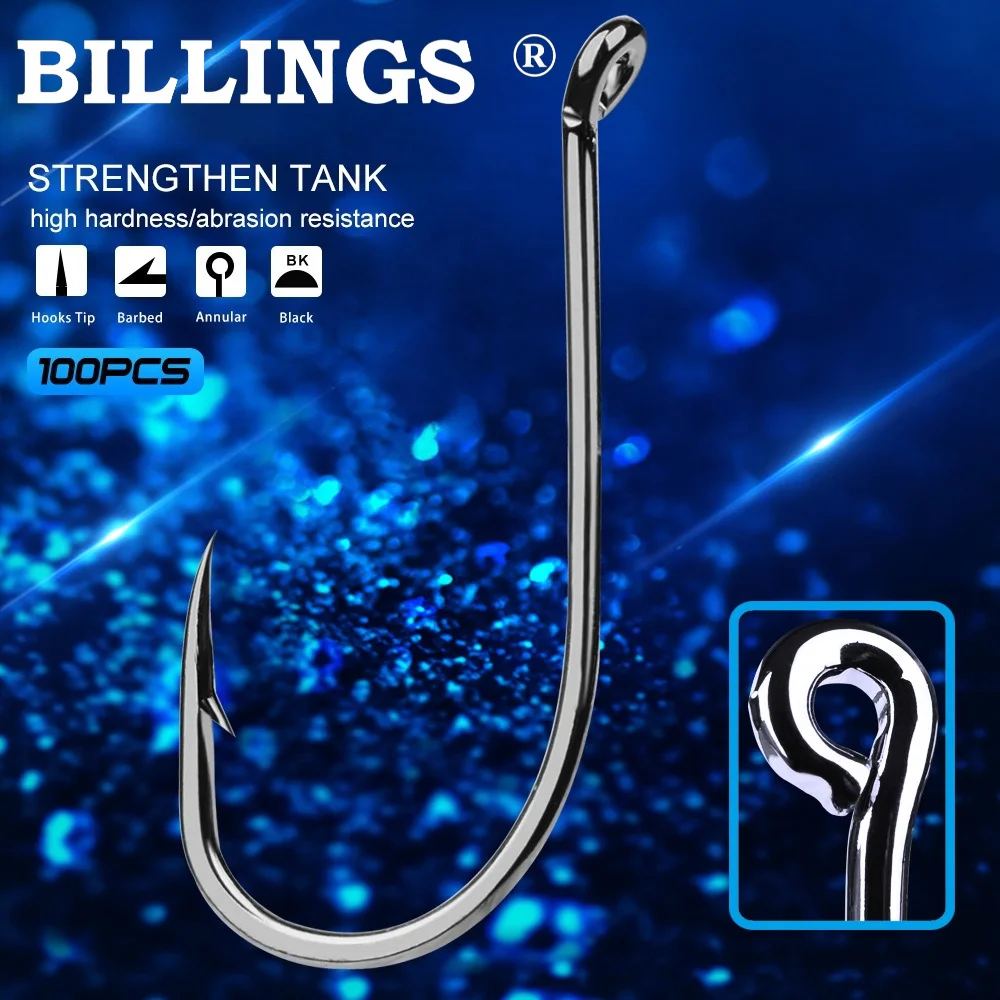 BILLINGS 100-teiliges Set aus Hochkarbon-Stahl-Oktopushaken mit Widerhaken, Tiefsee-Bootsangelhaken, Großpackung mit scharfen Einzelhaken