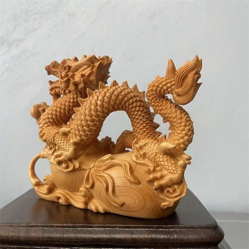 Natural Cypress Chinese Mythology Dragon Statue, Hand Carved Perfect for Home Room and Office  Wealth Luck Feng Shui Decor