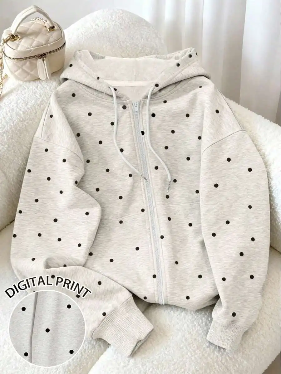 

Light Gray Polka Dot Zip-Up Hoodie with Drawstring Hood, Loose Fit for Autumn Winter