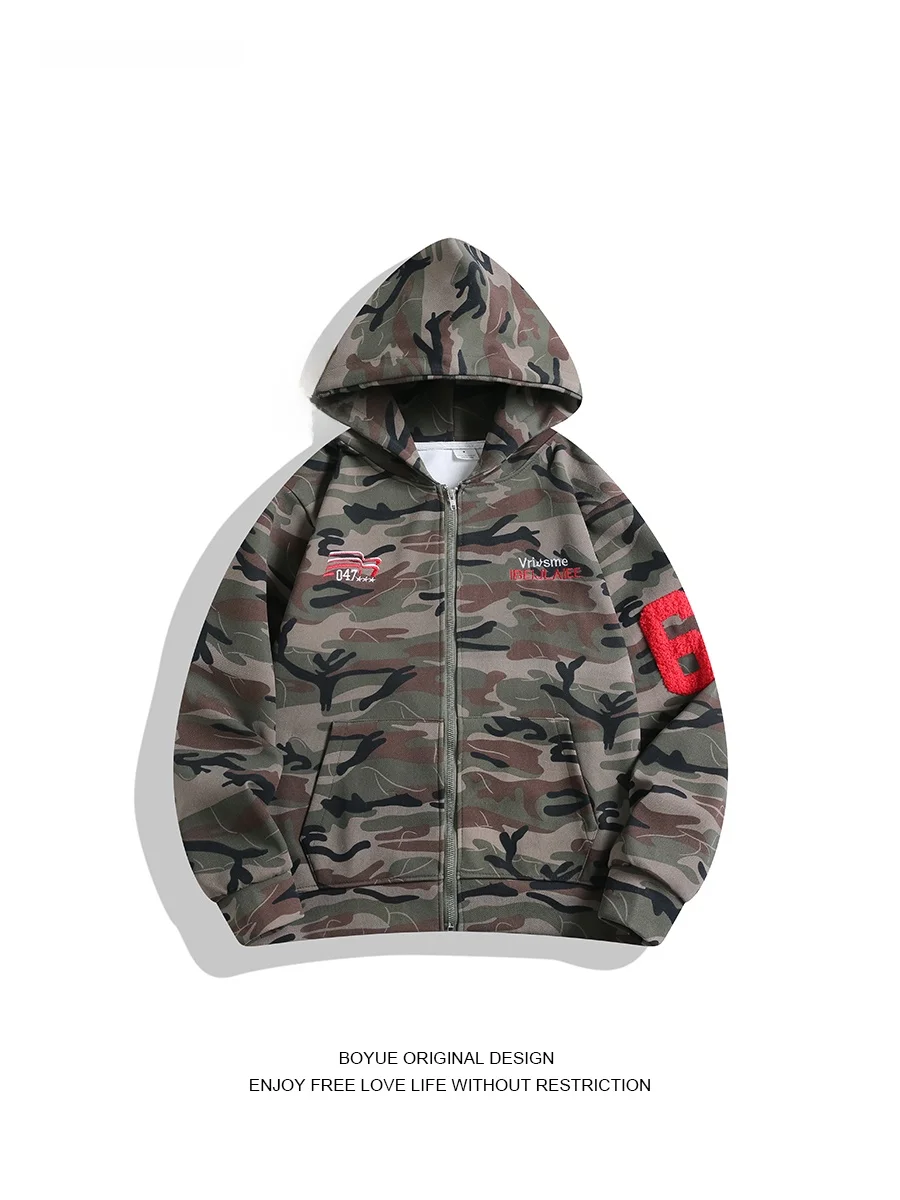 

Boyue Американская камуфляжная спортивная толстовка с капюшоном на молнии и вышивкой Модная уличная одежда Jaet Мужская женская свободная посадка Long Sve