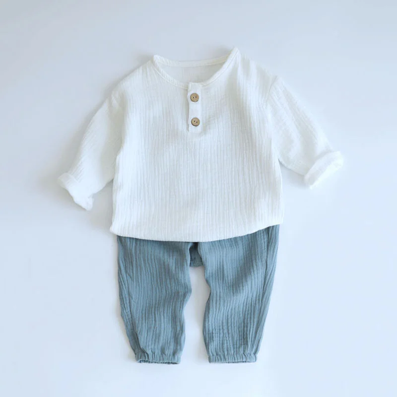 2PCS Spring Baby Boy Clothes Sets 0-4Y Toddler Kids Muslin Organic Cotton Long Sleeve T-shirt + Loose Pants Children Outfits