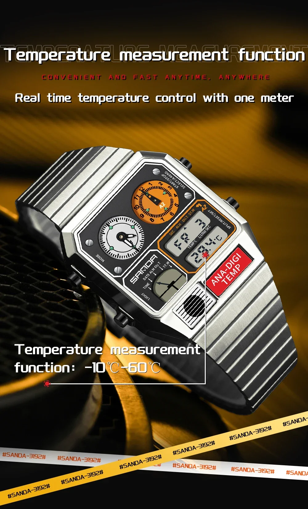 SANDA 3192 Quadratische elektronische Uhr für junge Männer, lässige multifunktionale Armbanduhr mit Thermometer, Stoppuhr, Chronograph – Detail 4